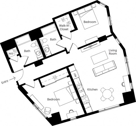 Floor plan for 2 beds, 2 baths, 1053 sqft